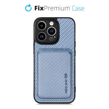 FixPremium - Pouzdro Carbon s MagSafe Wallet pro iPhone 13 Pro, modrá